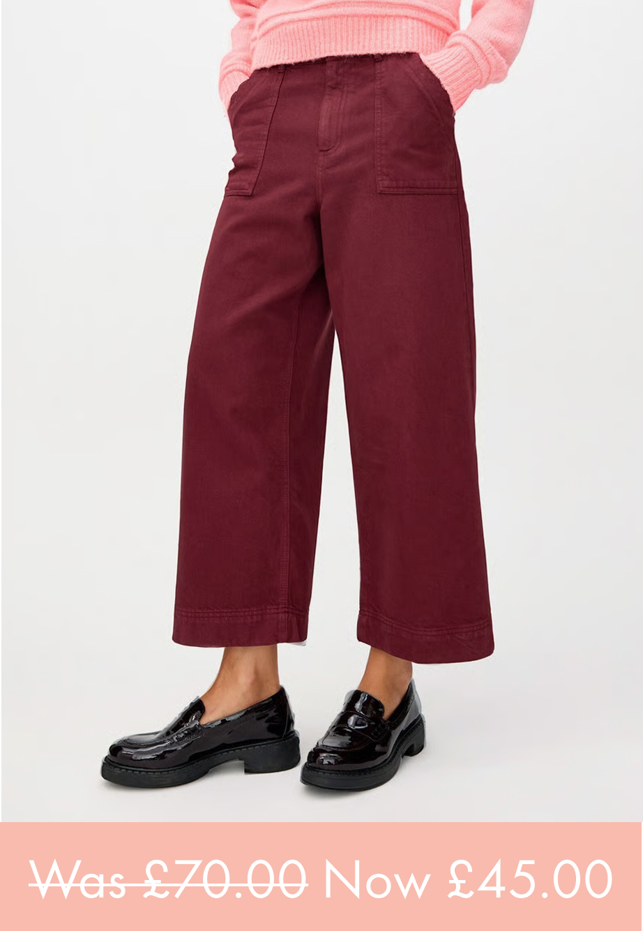 Wine Red Scalloped Pocket Cropped Wide Leg Jeans